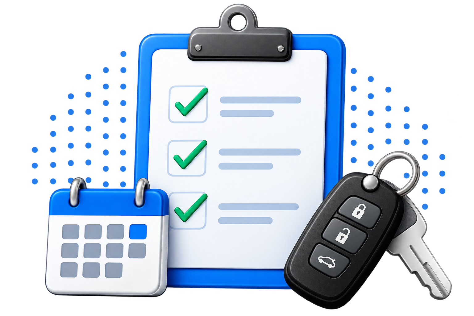 Lesson booking checklist, calendar and car keys