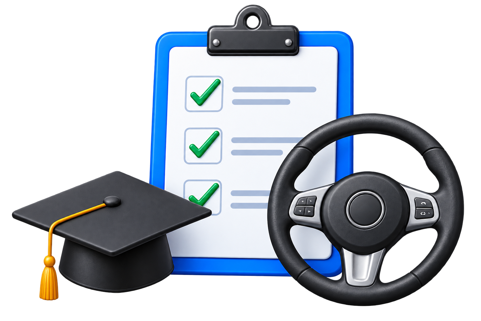 Instructor training checklist, graduation cap and steering wheel